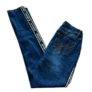 Bebe logo stripe dark wash denim blue jeans size 26